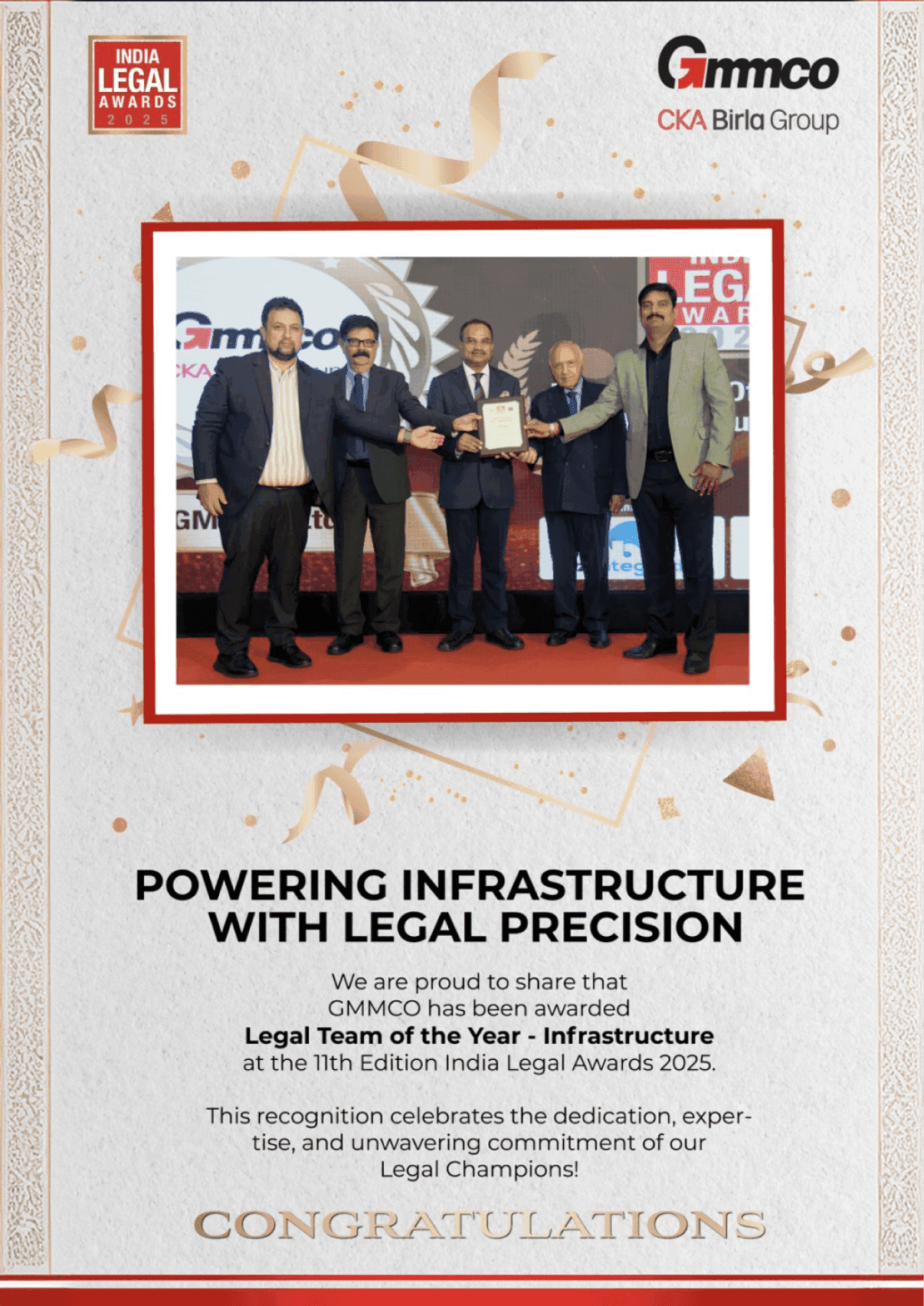 Legal Team of Year - Infrastructure at the 11th Edition India Legal Award 2025