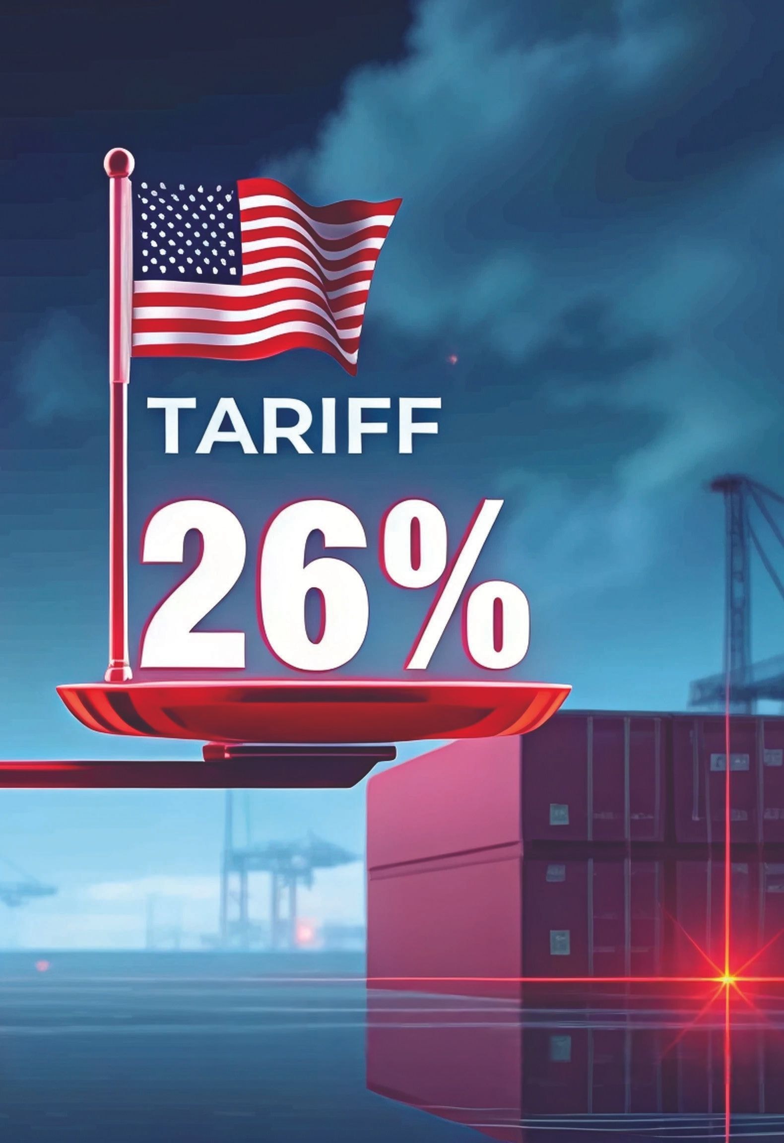 Illustration of a United States flag and a 26 percent tariff weighing against Indian construction equipment trade