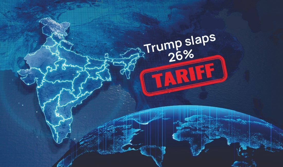 Digital illustration of India labelled with a 26 percent U.S. tariff stamp